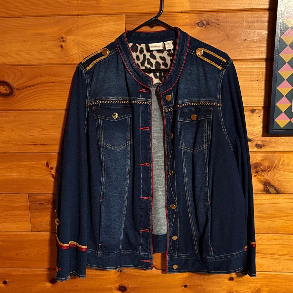 Chico's Dark Blue Jean Jacket with Gold and Red Accents